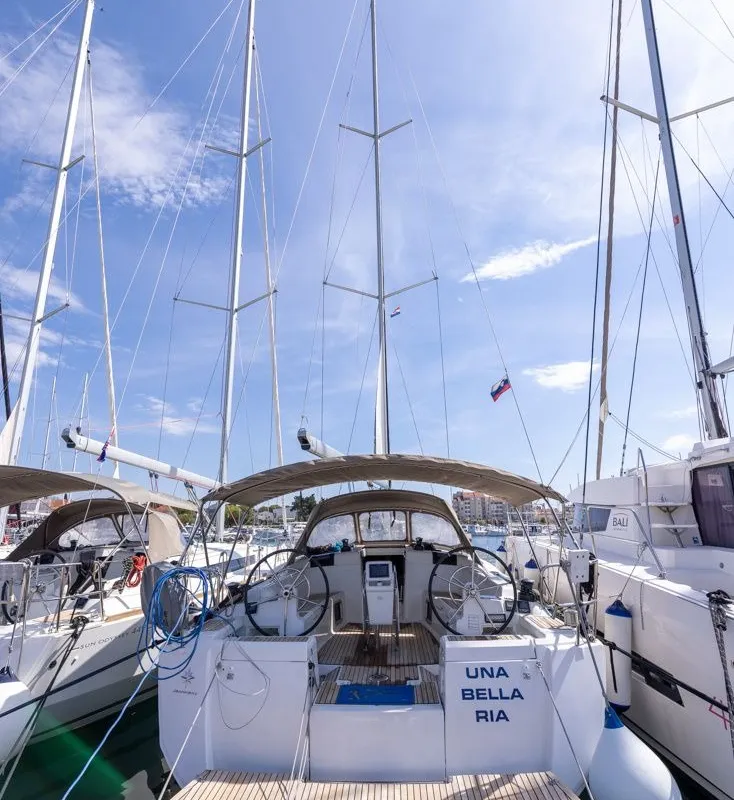 Exterior view of Una Bella Ria, a Jeanneau Sun Odyssey 449 sailboat at Izola / Isola, Slovenia