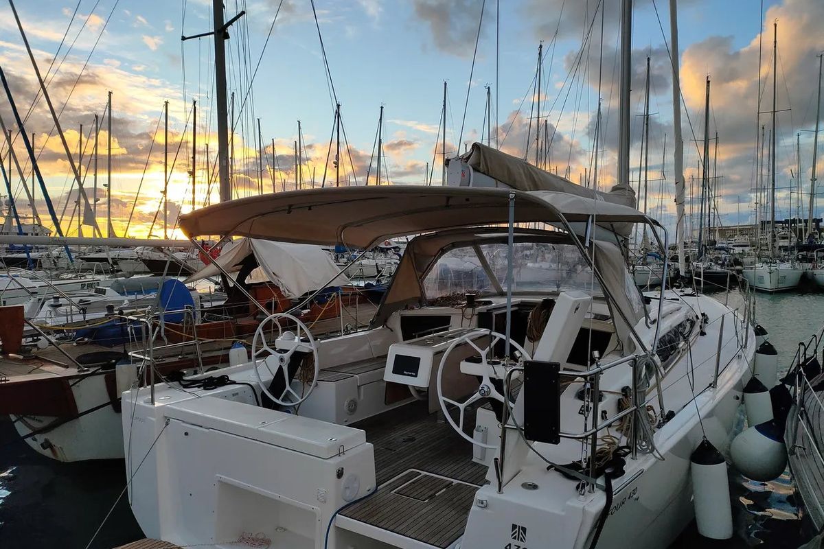 Cockpit of Malime, a Dufour 430 GL sailboat at Procida, Italy