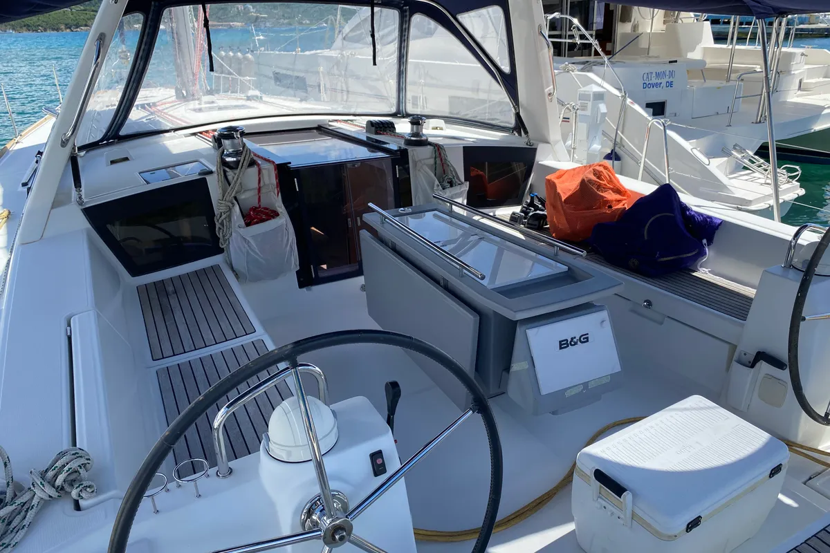 Cockpit of Spindrift, a Beneteau Oceanis 45 sailboat at Road Town, British Virgin Islands