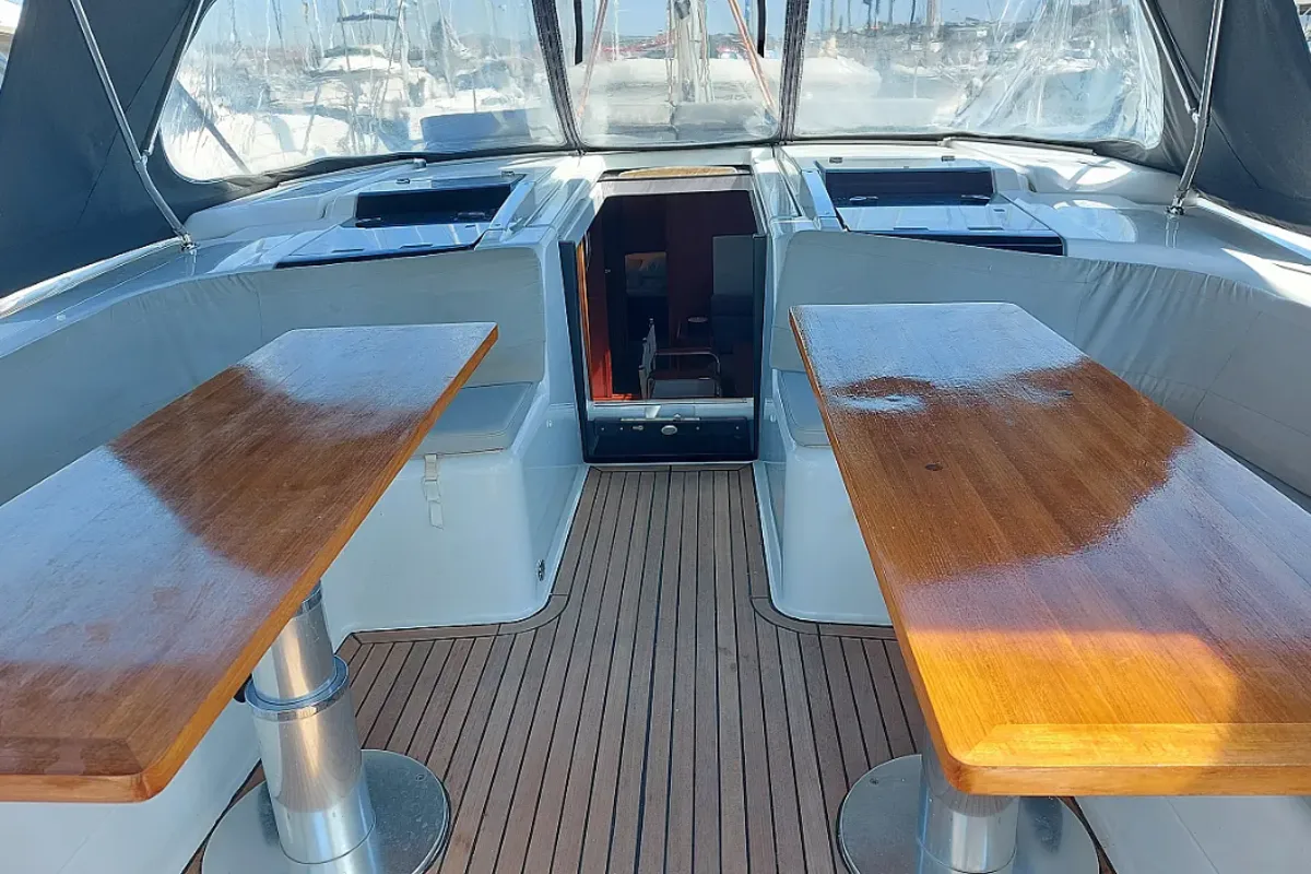 Deck of Aktea, a Hanse 508 sailboat at Lavrion, Greece