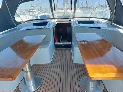 Deck of Aktea, a Hanse 508 sailboat at Lavrion, Greece