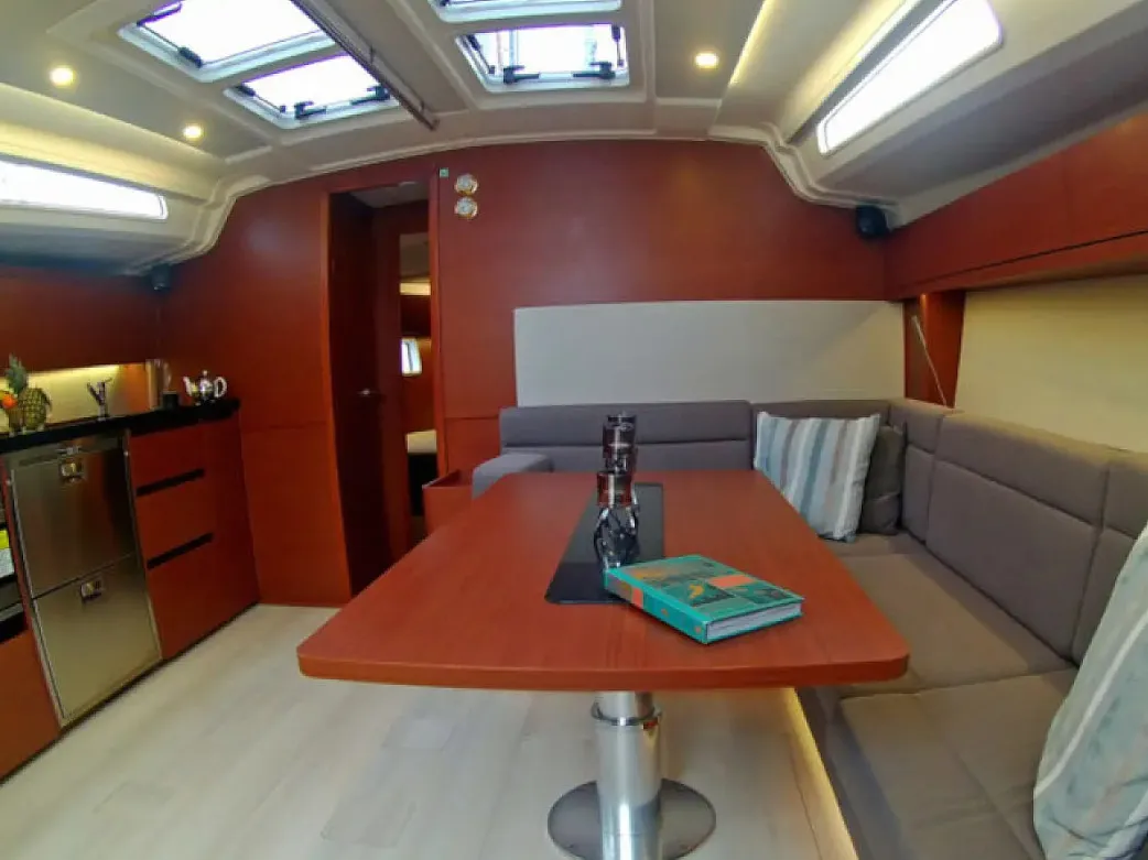 Salon of Aktea, a Hanse 508 sailboat at Lavrion, Greece