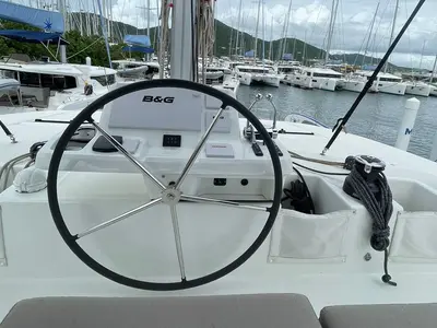 Cockpit of Bottoms up_X, a Lagoon 50 catamaran at Road Town, British Virgin Islands