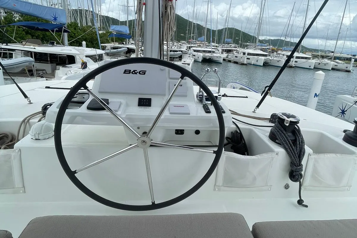 Cockpit of Bottoms up_X, a Lagoon 50 catamaran at Road Town, British Virgin Islands