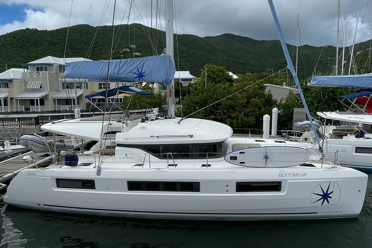Exterior view of Bottoms up_X, a Lagoon 50 catamaran at Road Town, British Virgin Islands