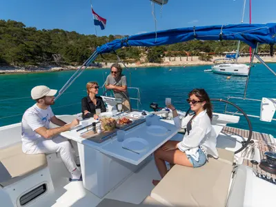 Deck of Oceanis 461/3/3 Premium, a Beneteau Oceanis 461 sailboat at Road Town, British Virgin Islands
