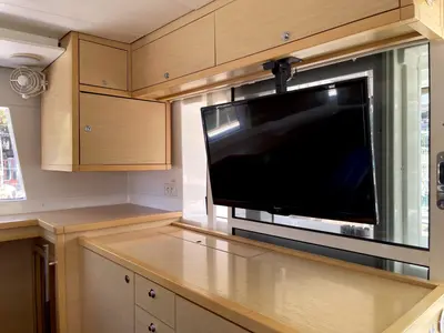 Salon of AF-L450F, a Lagoon 450 Fly catamaran at Athens, Greece