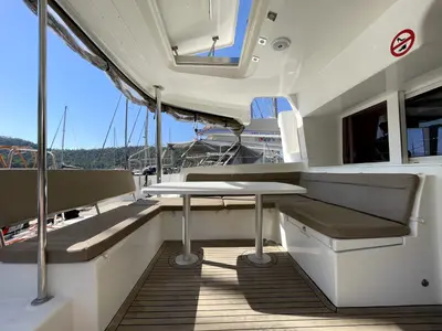 Deck of AF-L450F, a Lagoon 450 Fly catamaran at Athens, Greece