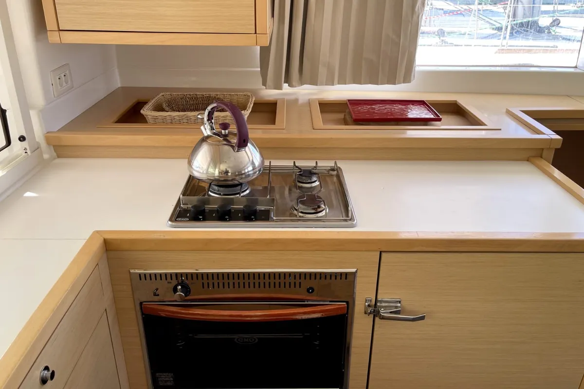 Galley of AF-L450F, a Lagoon 450 Fly catamaran at Athens, Greece