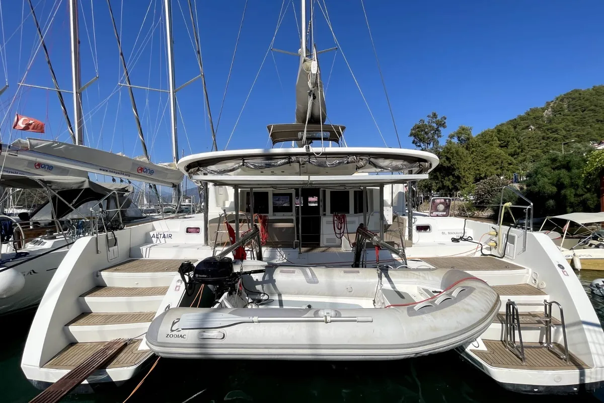 Exterior view of AF-L450F, a Lagoon 450 Fly catamaran at Athens, Greece