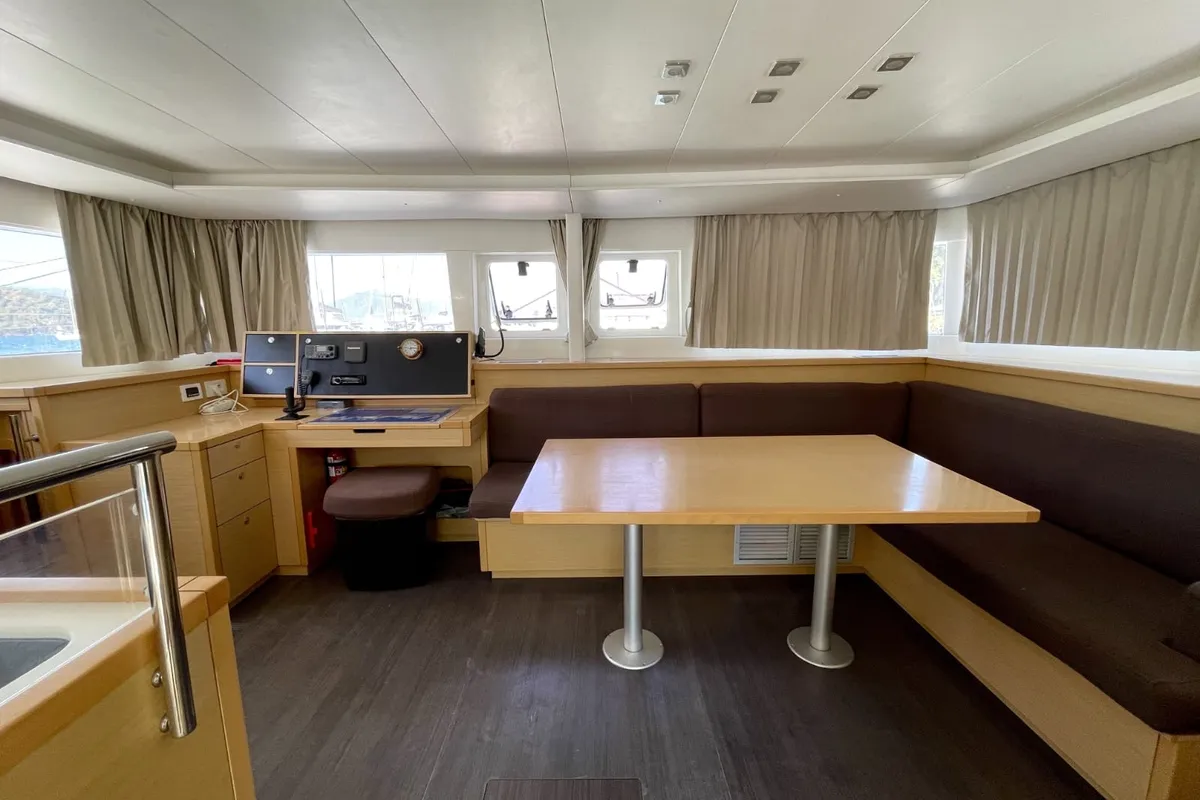 Salon of AF-L450F, a Lagoon 450 Fly catamaran at Athens, Greece