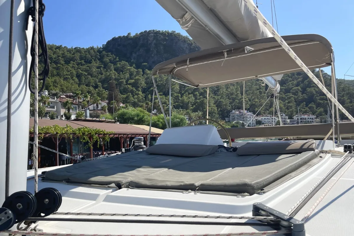 Deck of AF-L450F, a Lagoon 450 Fly catamaran at Athens, Greece