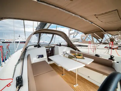Cockpit of Filippos II, a Jeanneau Sun Odyssey 380 sailboat at Kos, Greece