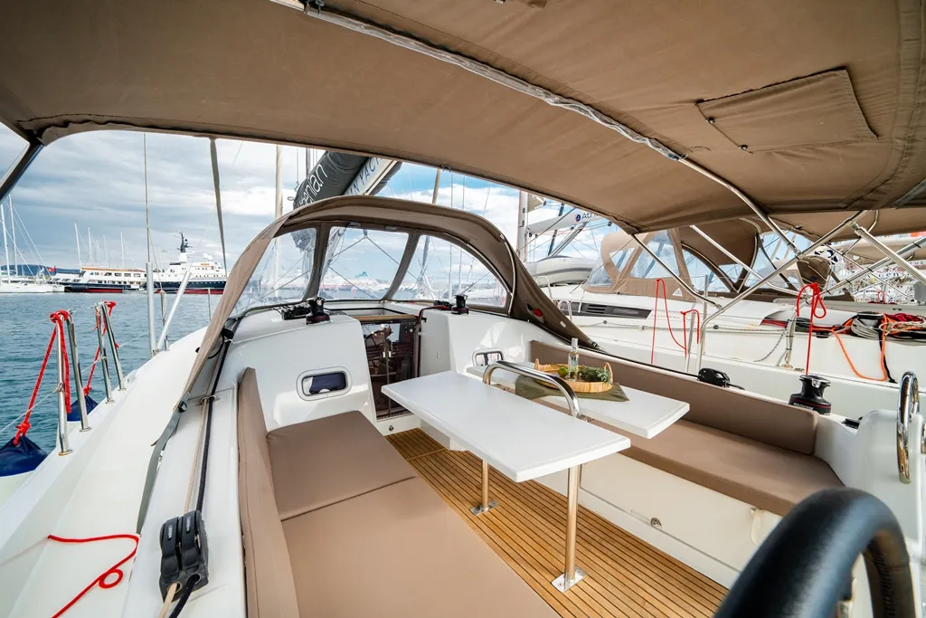 Cockpit of Filippos II, a Jeanneau Sun Odyssey 380 sailboat at Kos, Greece