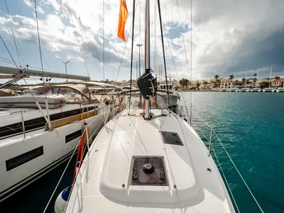 Deck of Filippos II, a Jeanneau Sun Odyssey 380 sailboat at Kos, Greece