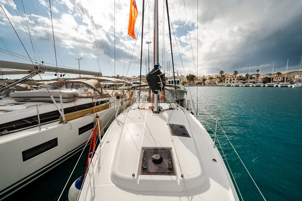 Deck of Filippos II, a Jeanneau Sun Odyssey 380 sailboat at Kos, Greece