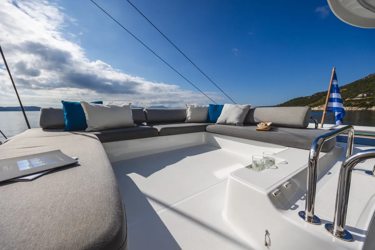 Deck of NEMI, a Lagoon 43 catamaran at Municipal Unit of Lefkada, Greece