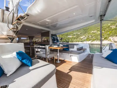 Deck of NEMI, a Lagoon 43 catamaran at Municipal Unit of Lefkada, Greece