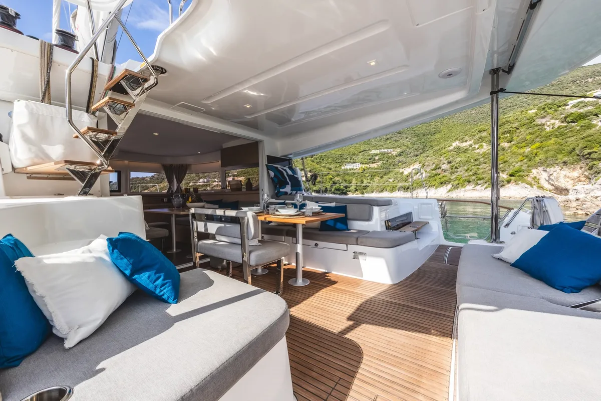 Deck of NEMI, a Lagoon 43 catamaran at Municipal Unit of Lefkada, Greece