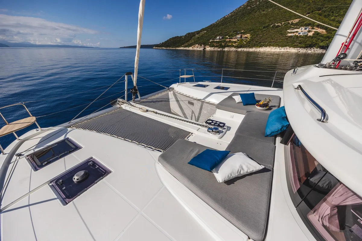 Deck of NEMI, a Lagoon 43 catamaran at Municipal Unit of Lefkada, Greece