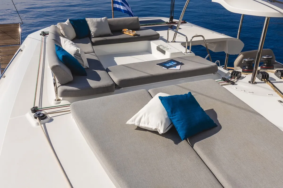 Deck of NEMI, a Lagoon 43 catamaran at Municipal Unit of Lefkada, Greece