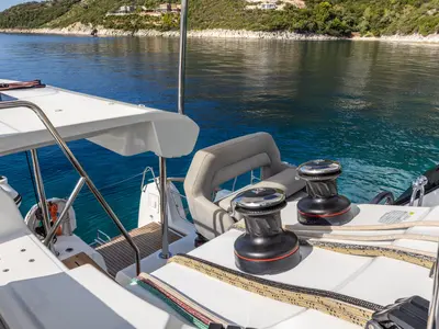 Cockpit of NEMI, a Lagoon 43 catamaran at Municipal Unit of Lefkada, Greece