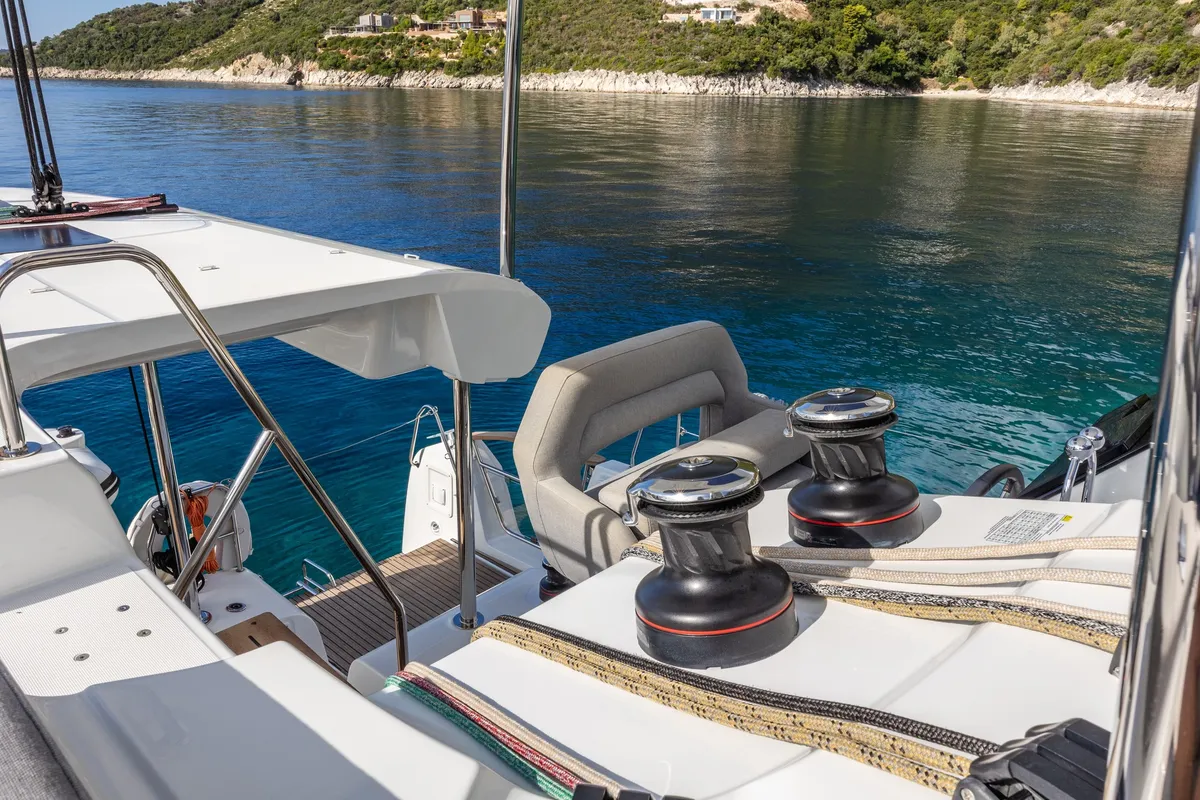 Cockpit of NEMI, a Lagoon 43 catamaran at Municipal Unit of Lefkada, Greece