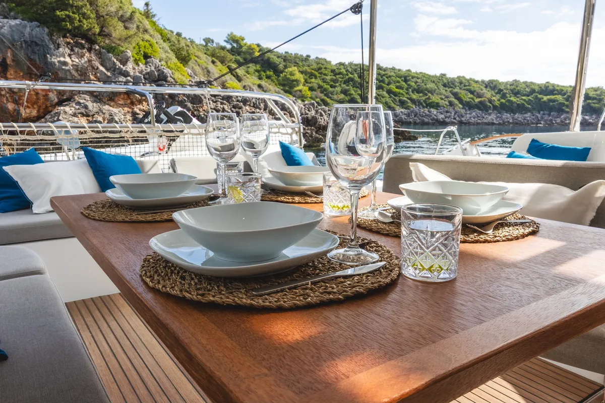 Deck of NEMI, a Lagoon 43 catamaran at Municipal Unit of Lefkada, Greece