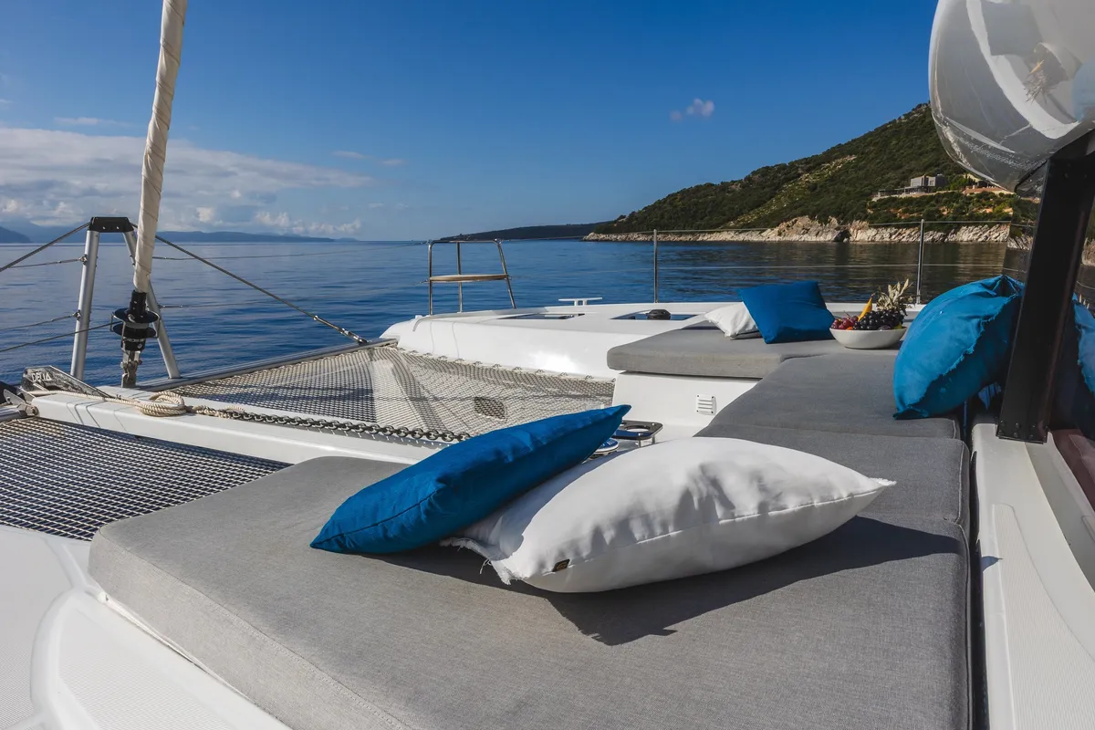 Deck of NEMI, a Lagoon 43 catamaran at Municipal Unit of Lefkada, Greece