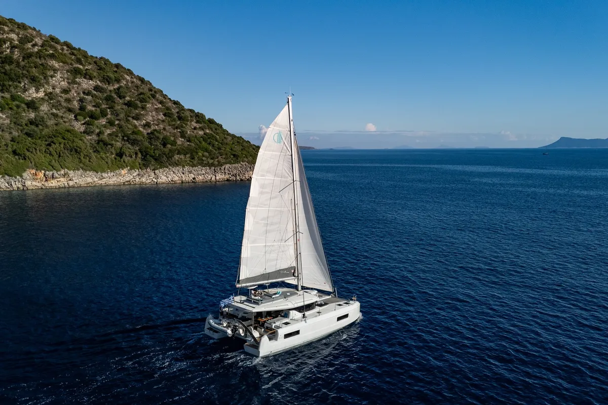 Exterior view of NEMI, a Lagoon 43 catamaran at Municipal Unit of Lefkada, Greece