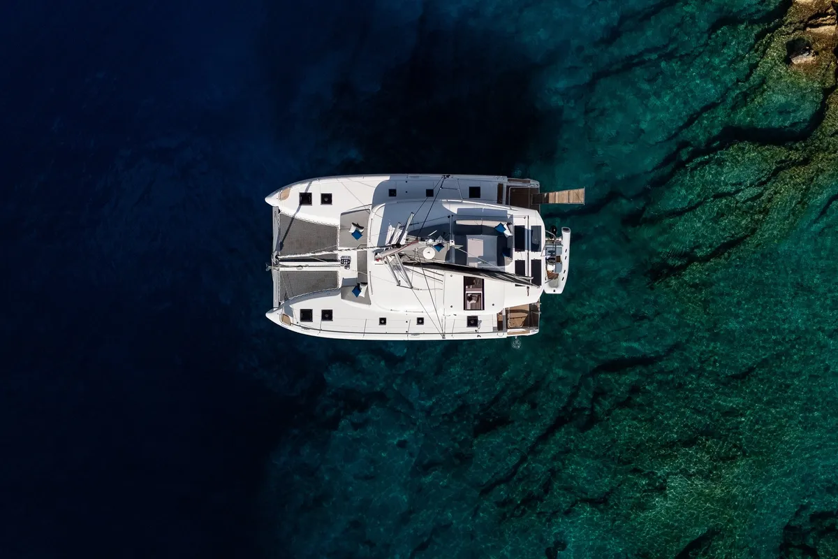Exterior view of NEMI, a Lagoon 43 catamaran at Municipal Unit of Lefkada, Greece