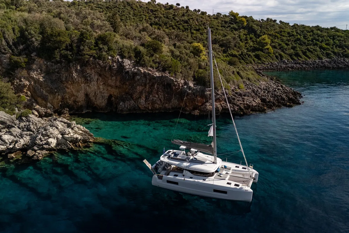 Exterior view of NEMI, a Lagoon 43 catamaran at Municipal Unit of Lefkada, Greece