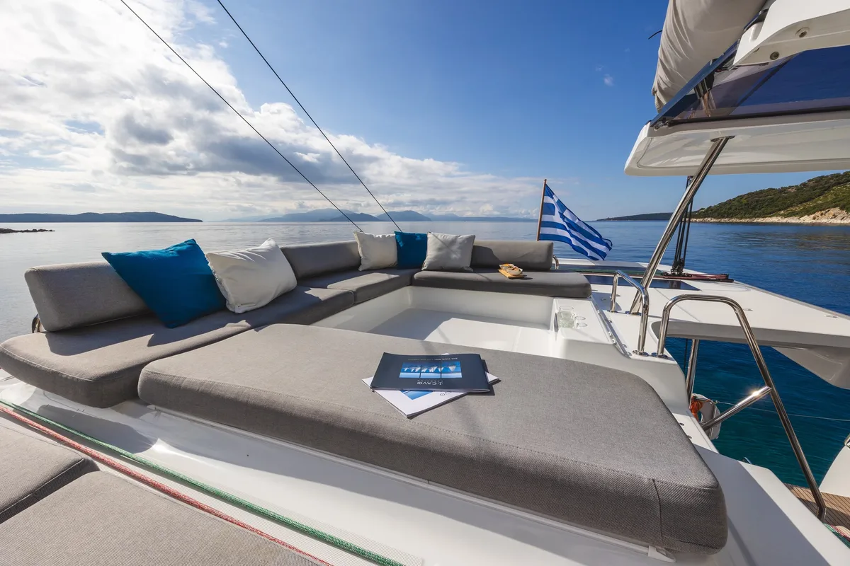 Deck of NEMI, a Lagoon 43 catamaran at Municipal Unit of Lefkada, Greece