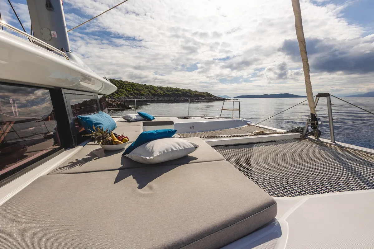 Deck of NEMI, a Lagoon 43 catamaran at Municipal Unit of Lefkada, Greece