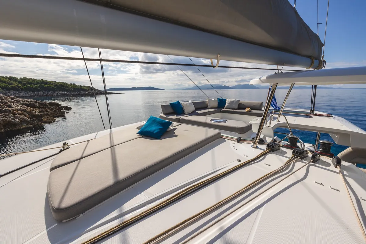 Deck of NEMI, a Lagoon 43 catamaran at Municipal Unit of Lefkada, Greece