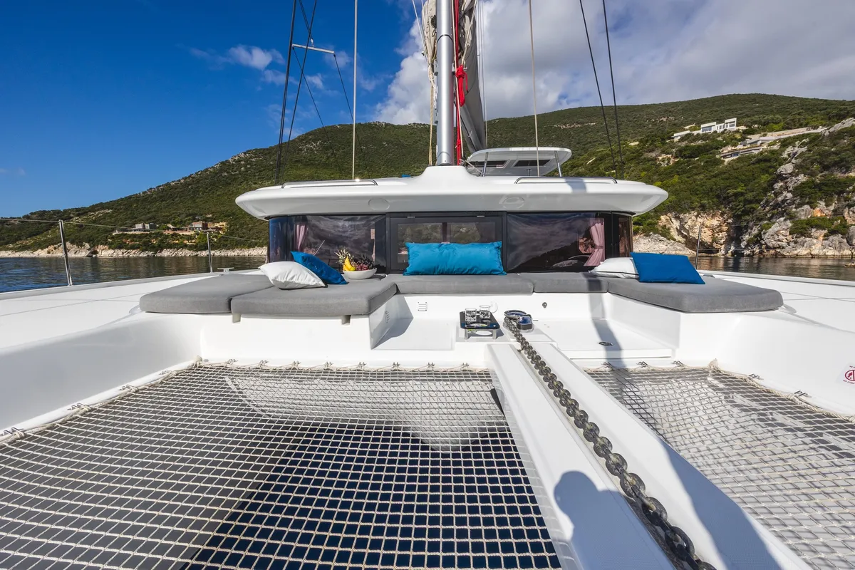 Deck of NEMI, a Lagoon 43 catamaran at Municipal Unit of Lefkada, Greece