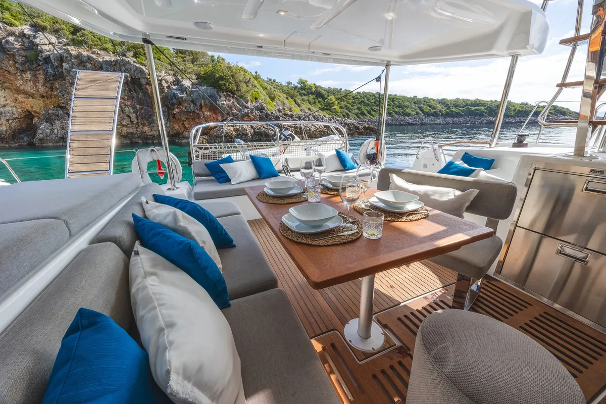 Deck of NEMI, a Lagoon 43 catamaran at Municipal Unit of Lefkada, Greece