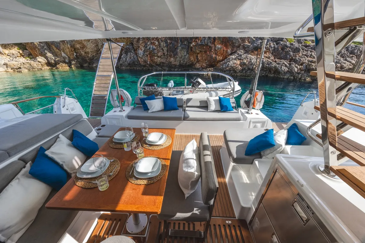 Deck of NEMI, a Lagoon 43 catamaran at Municipal Unit of Lefkada, Greece
