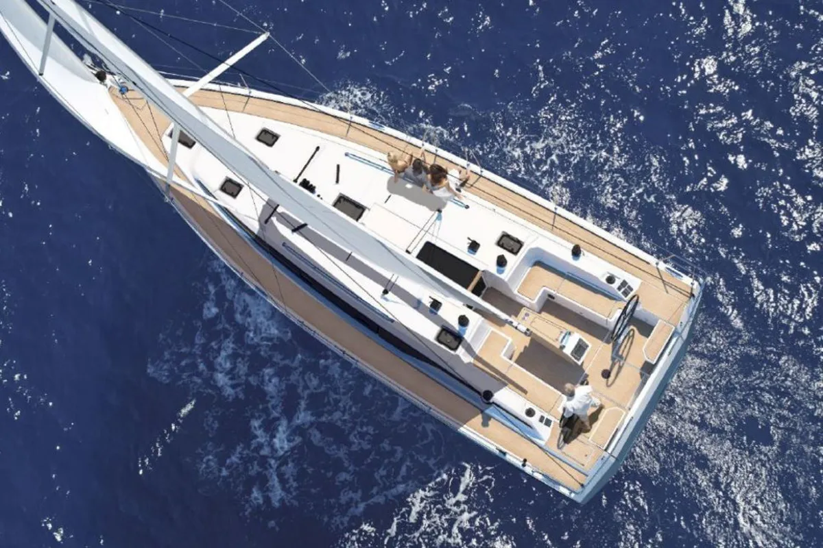 Deck of 7 Iles, a Bavaria C42 sailboat at Marseille, France
