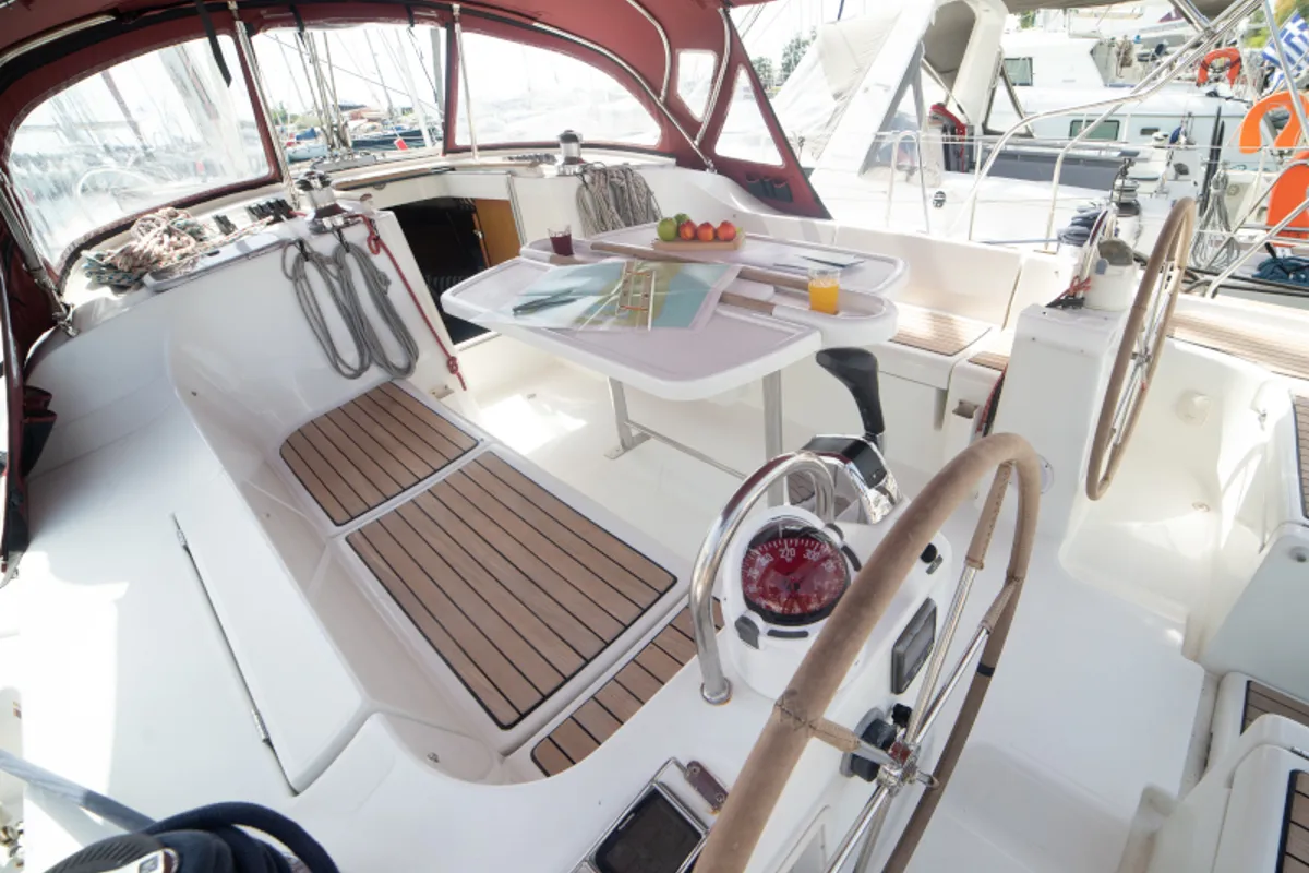 Cockpit of Vori, a Beneteau Oceanis 473 sailboat at Athens, Greece