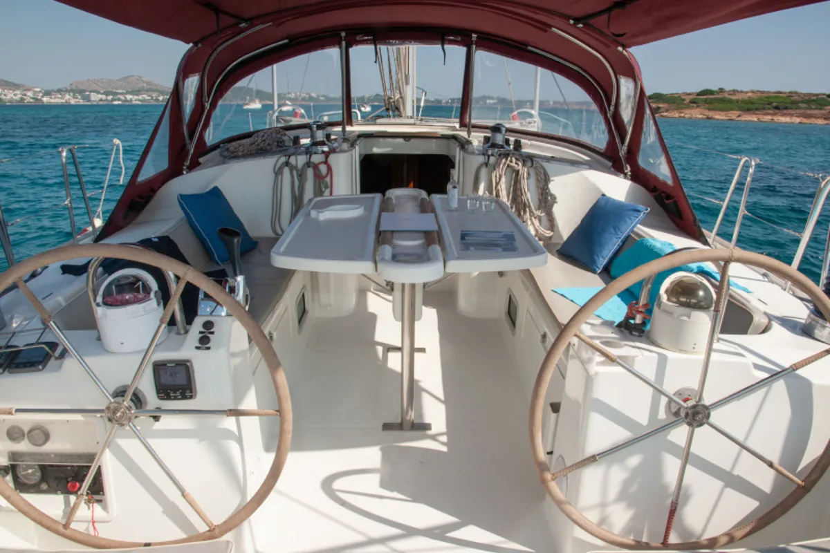 Cockpit of Vori, a Beneteau Oceanis 473 sailboat at Athens, Greece
