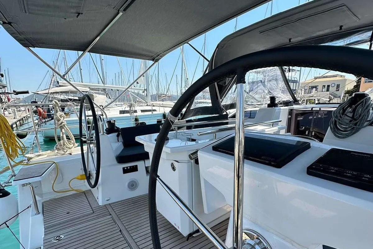 Cockpit of Monterey, a Beneteau Oceanis 40.1 sailboat at Municipal Unit of Lefkada, Greece