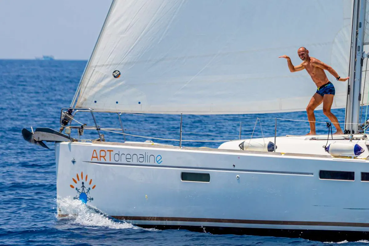 Exterior view of Artdrenalin, a Jeanneau Sun Odyssey 479 sailboat at Municipal Unit of Lefkada, Greece
