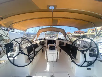Cockpit of Artdrenalin, a Jeanneau Sun Odyssey 479 sailboat at Municipal Unit of Lefkada, Greece