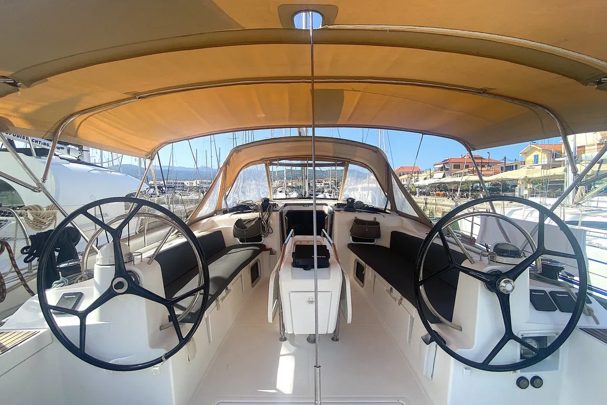 Cockpit of Artdrenalin, a Jeanneau Sun Odyssey 479 sailboat at Municipal Unit of Lefkada, Greece