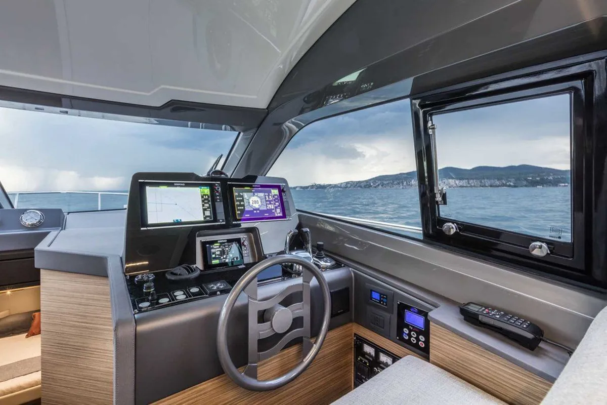 Cockpit of Lady Esmeralda, a Ferretti Yachts 450 motor yacht at Podstrana - Miljevac, Croatia