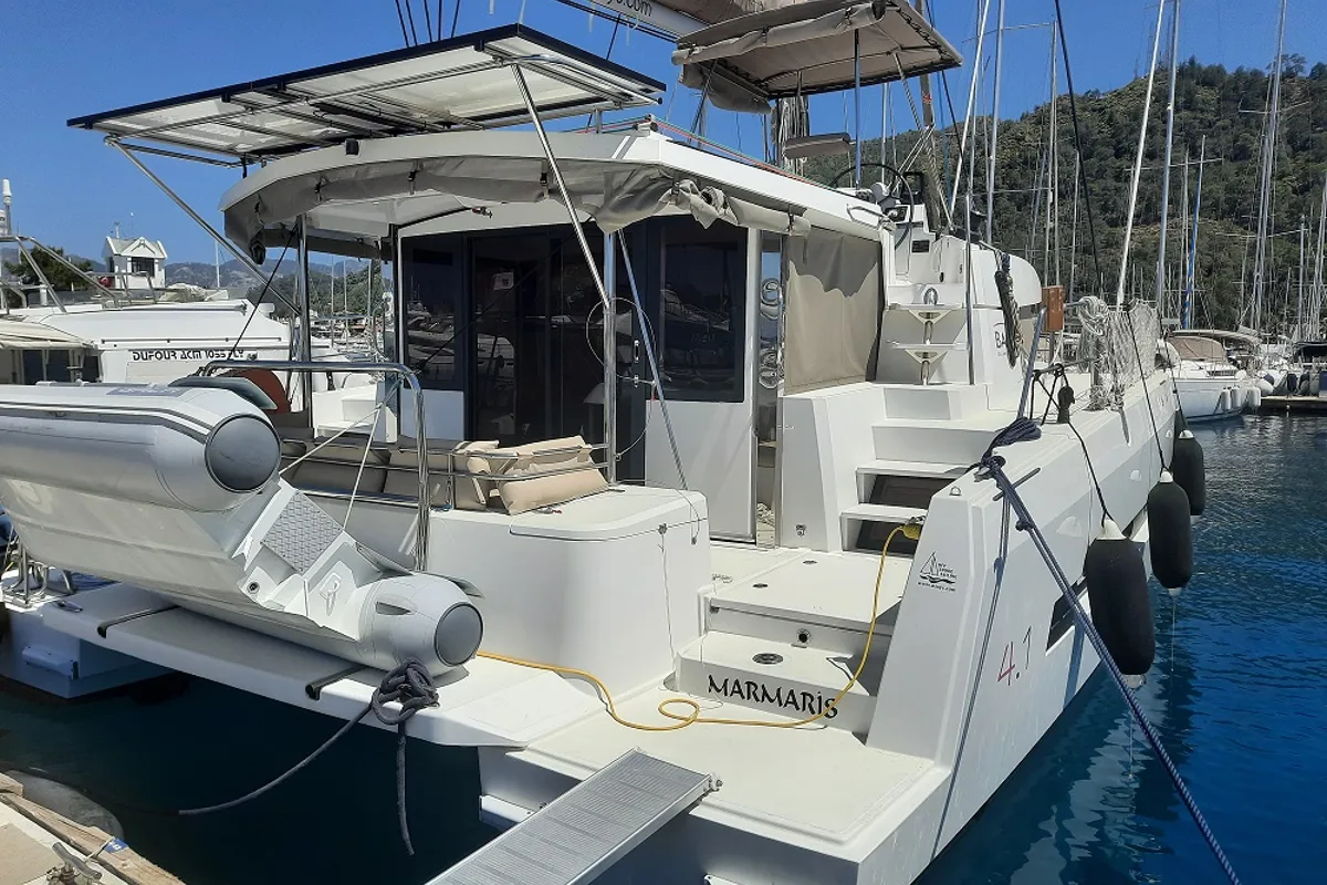 Exterior view of Grampis, a Bali 4.1 catamaran at Marmaris, Turkey