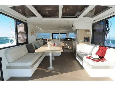 Salon of Grampis, a Bali 4.1 catamaran at Marmaris, Turkey