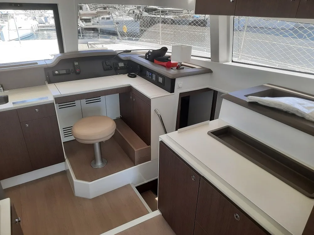 Cockpit of Grampis, a Bali 4.1 catamaran at Marmaris, Turkey