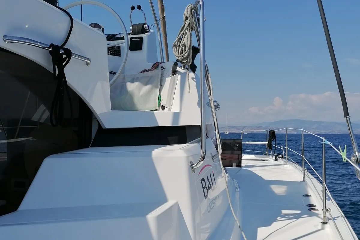 Deck of Sunny, a Bali Catspace catamaran at Municipal Unit of Lefkada, Greece